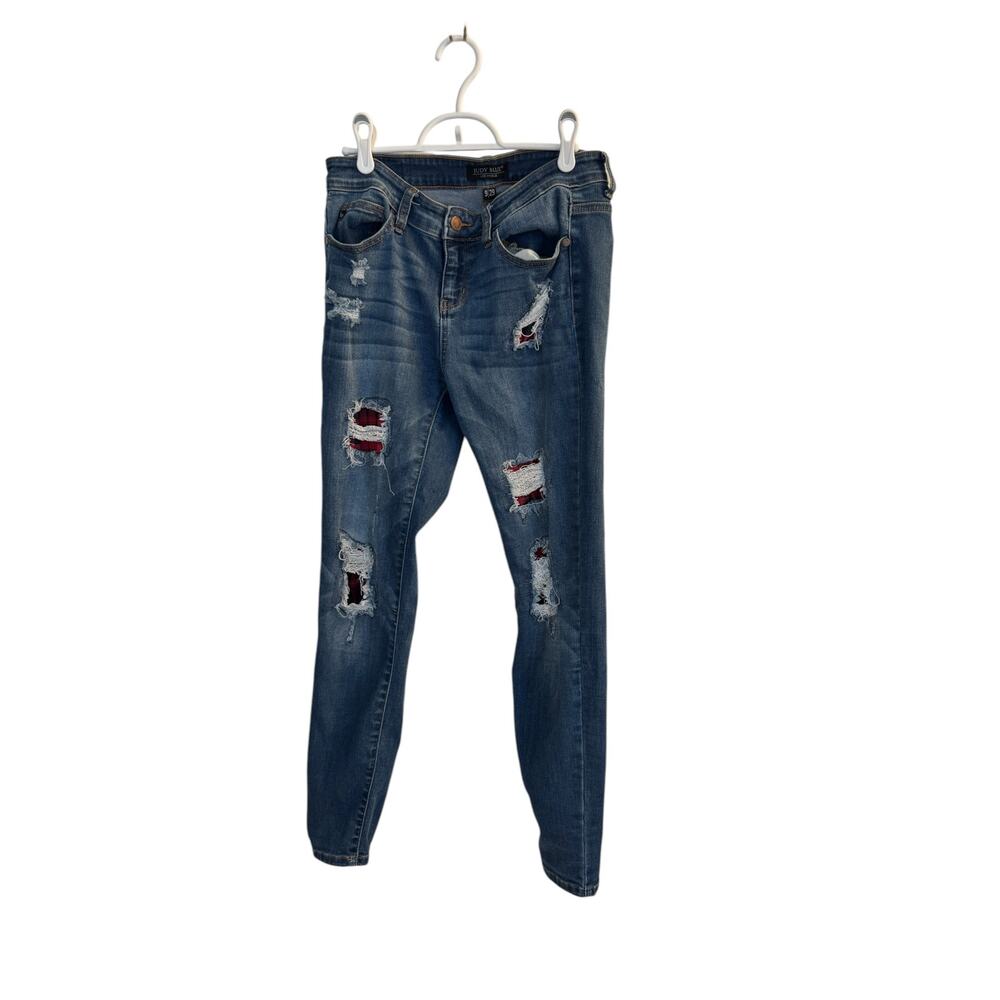 Judy Blue Jeans Women's‎ Blue Denim Buffalo Plaid Distressed Skinny Fit Sz 9/29